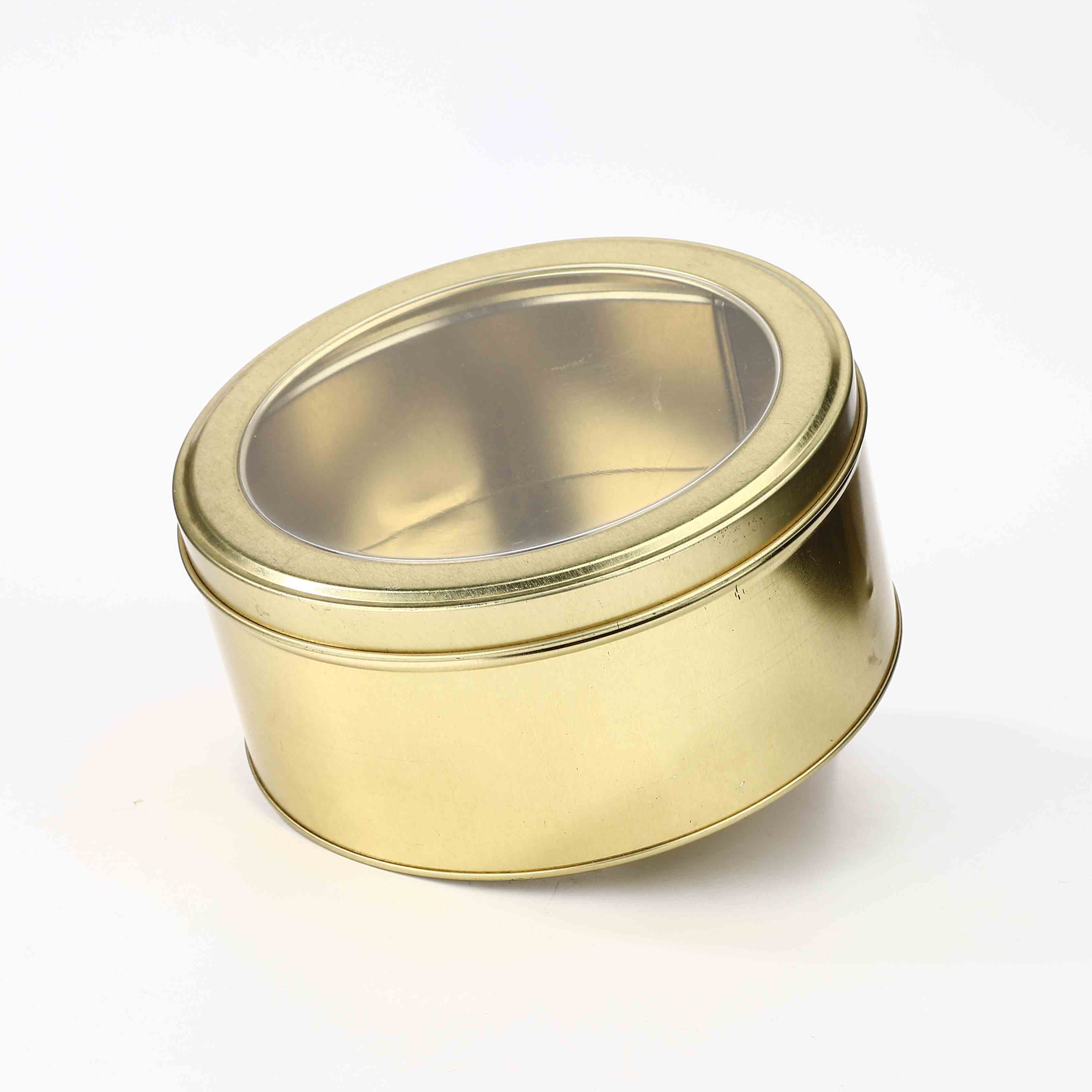 Golden Color Window Round Shape Tin Box